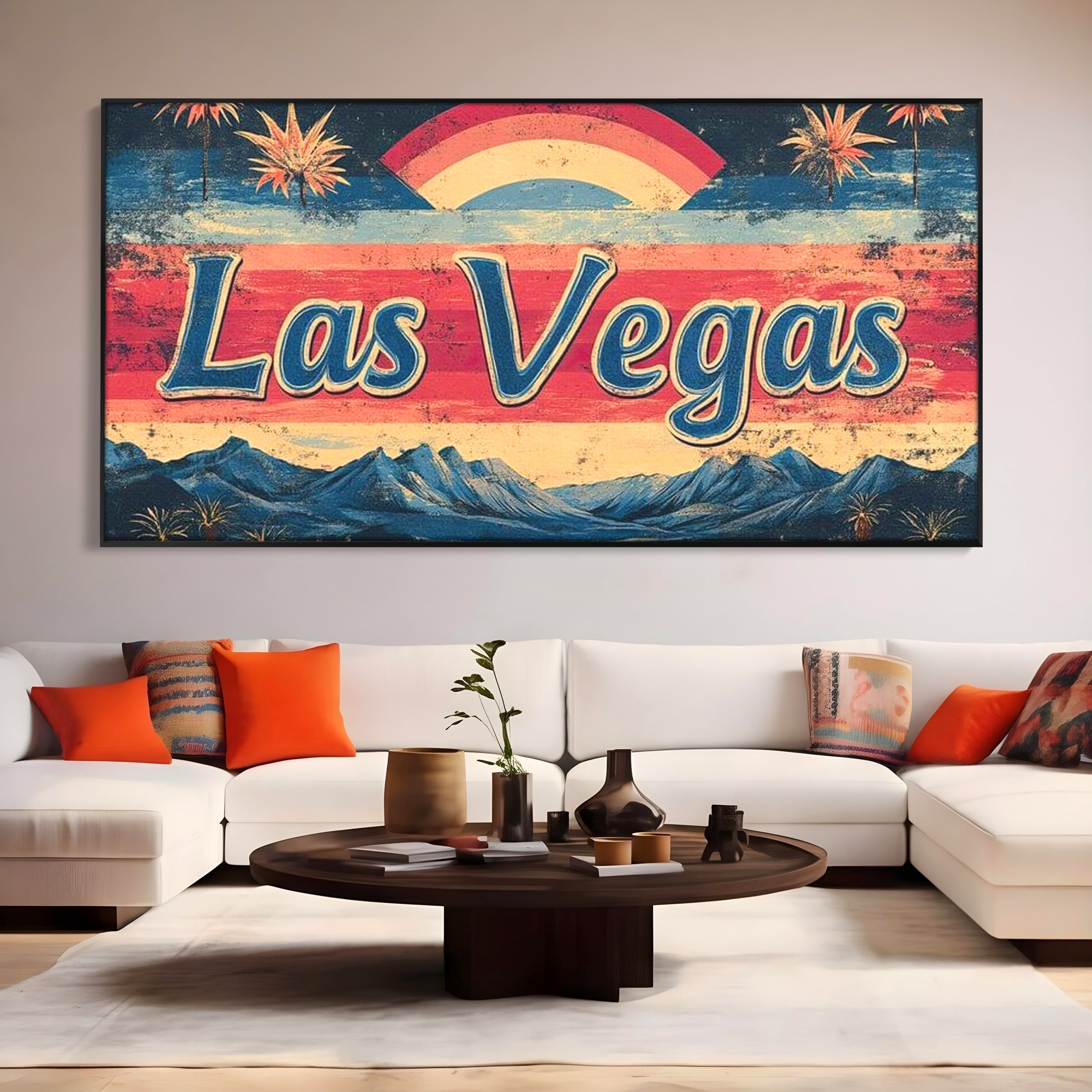 Tablou canvas cu ilustratie retro las vegas cu curcubeu si munti, in rama de aluminiu negru, pe perete intr-un living